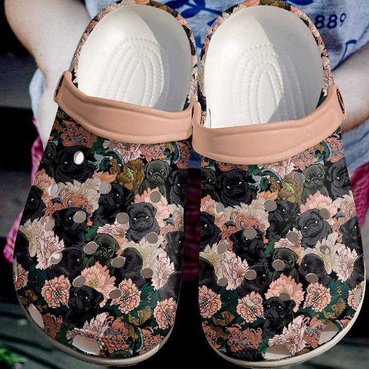 Pug Black Flowers Crocs Crocband Clog Comfortable For Mens Womens Classic Clog Water Shoes