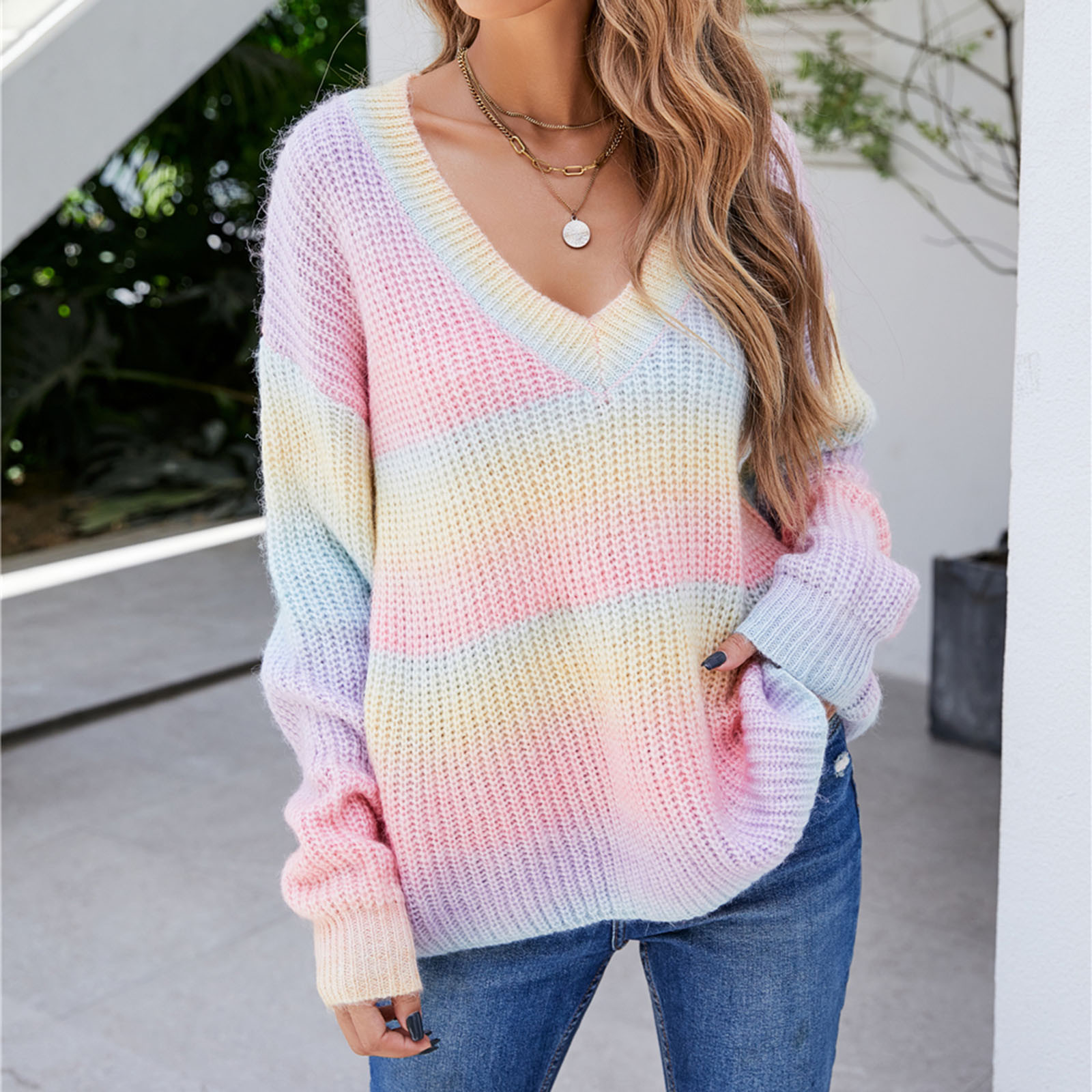 Autumn Winter Women Rainbow Sweaters Tie Dye Pullover V-Neck Long Loose Striped Korean Jumpers Candy Color Oversized Female Tops alx