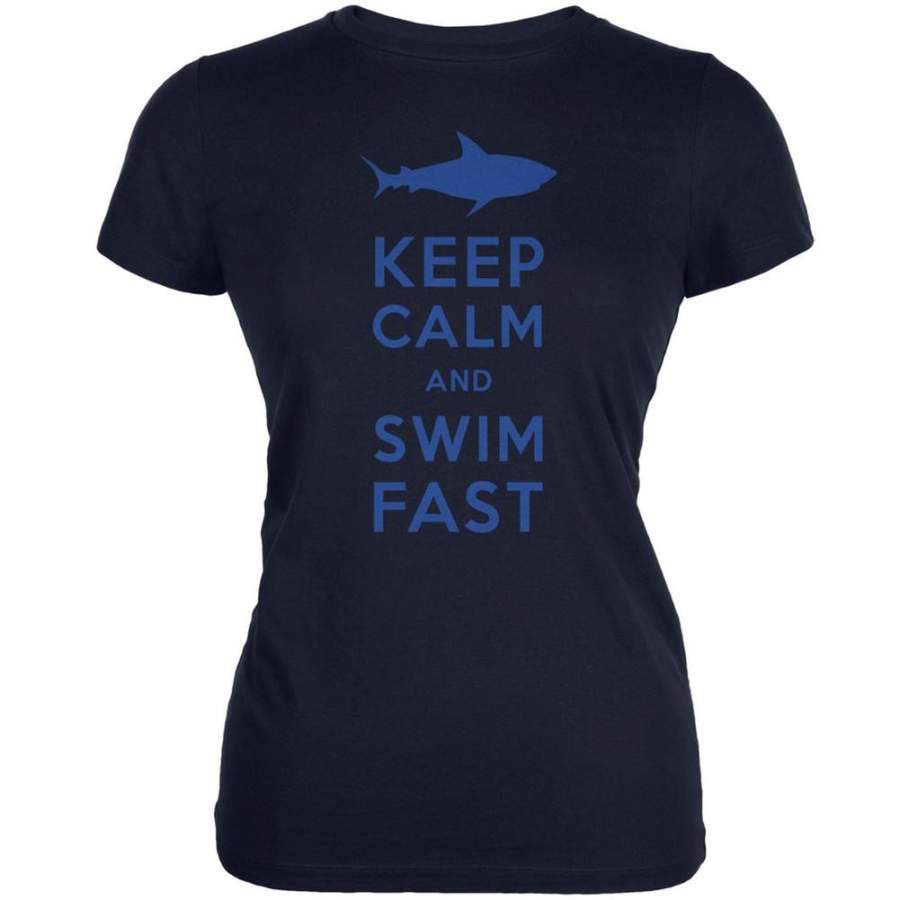 Shark Keep Calm and Swim Fast Navy Juniors Soft T-Shirt