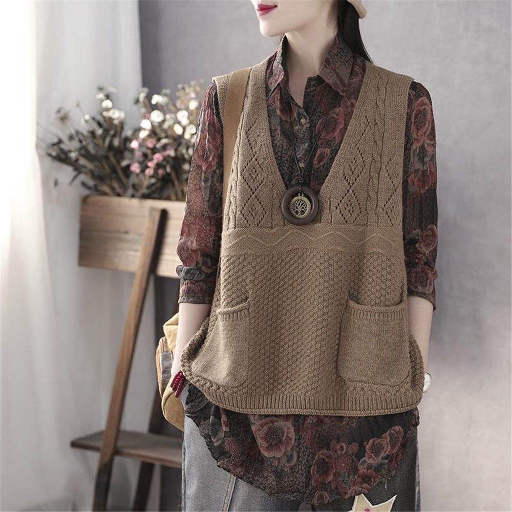 Autumn Sweater Vests Womens V-neck Leisure Pockets 3XL All-match Hollow Out Elegant Retro Jumper Loose Korean Style Femme New alx