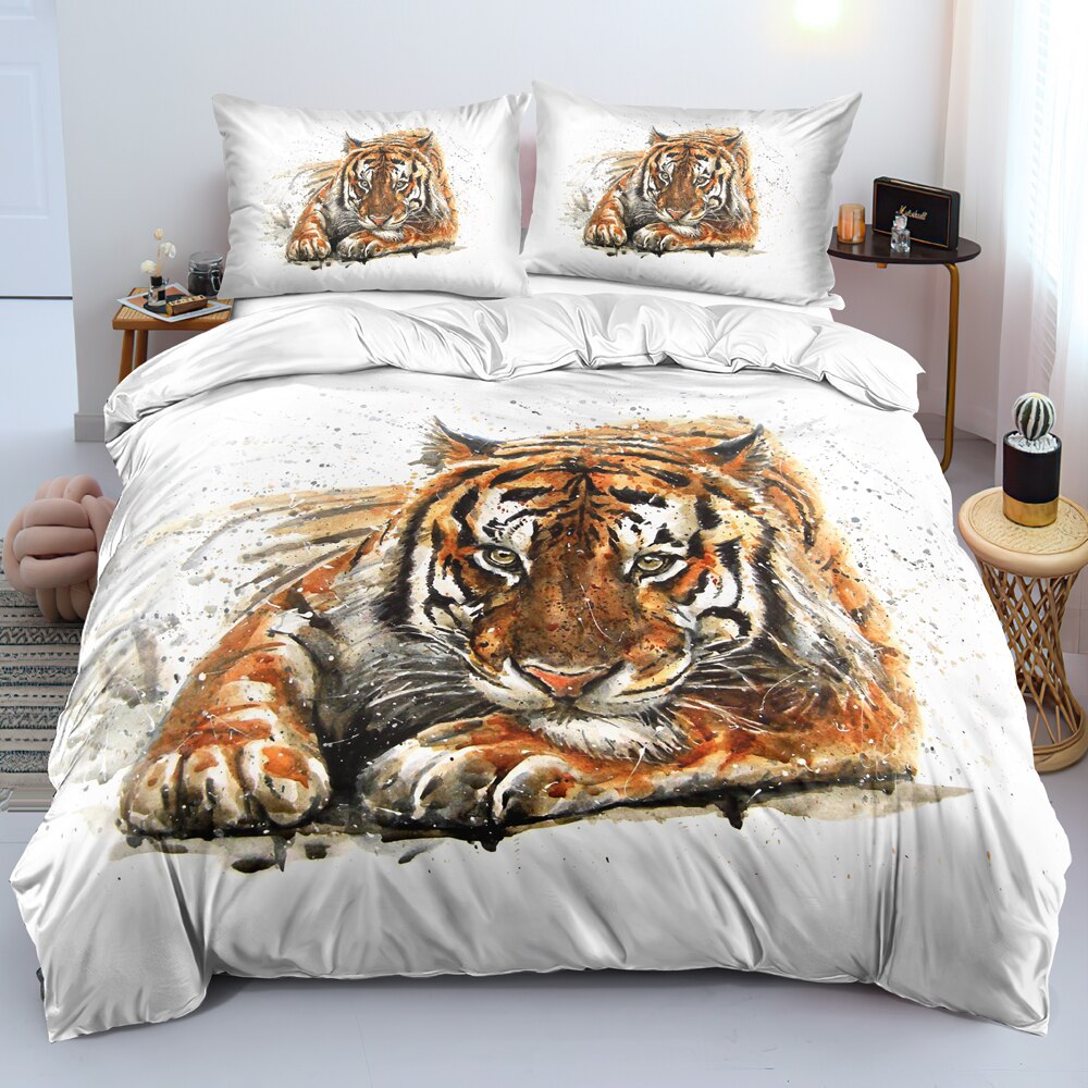 3D Ink Painting Tiger Duvet Cover Set White Blanket Cover Set Twin Queen King Size Bedding Set