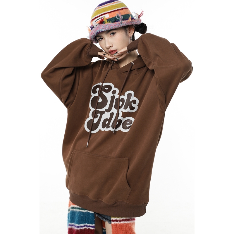 Women Clothing Brown Vintage Street Sweatshirt Printing Female Winter Thicken Long Sleeves Casual Warm Oversize Baggy Hoodie alx