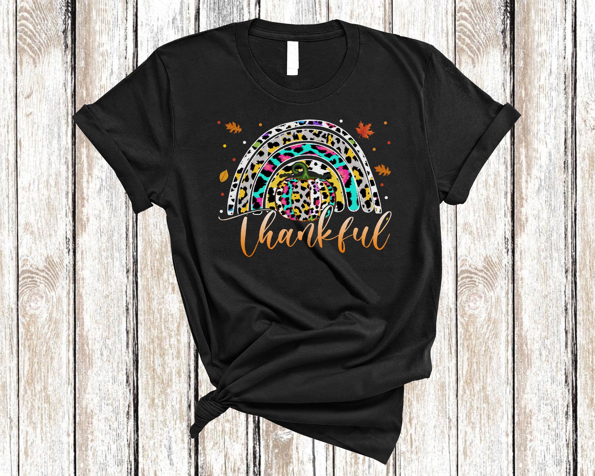 Thankful Cool Thanksgiving Costume Leopard Rainbow Pumpkin Autumn Fall Lover Gifts T-Shirt