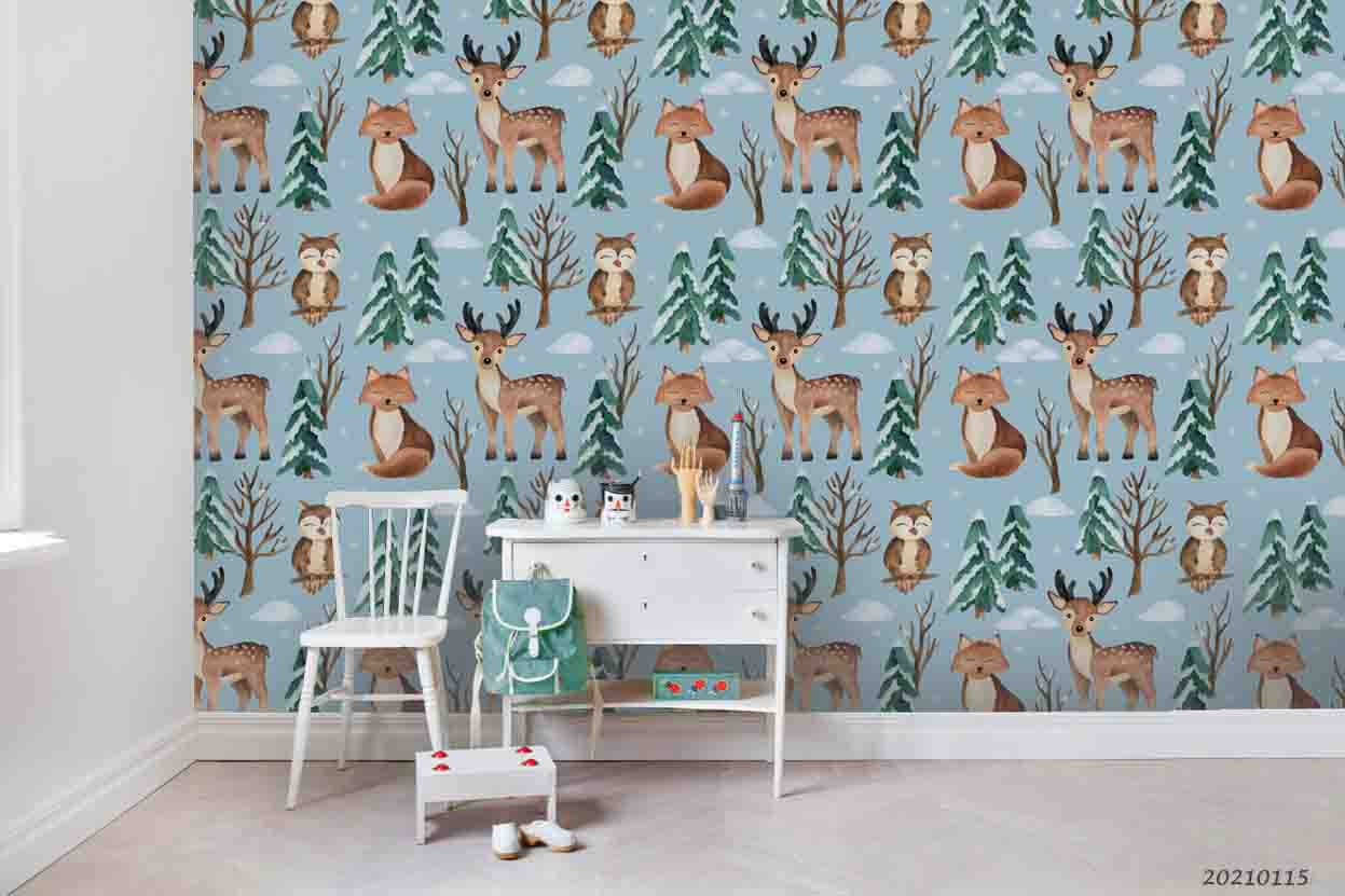 3D Hand Drawn Forest Animal Owl Deer Wall Mural Wallpaper Lqh 41