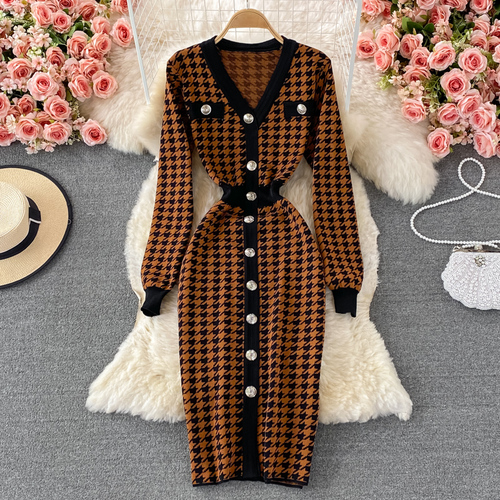 Autumn Elegant Temperament V-neck Hit Color Dress Office Lady Single-breasted Houndstooth Knitted Stretch Dress Women Clothing alx