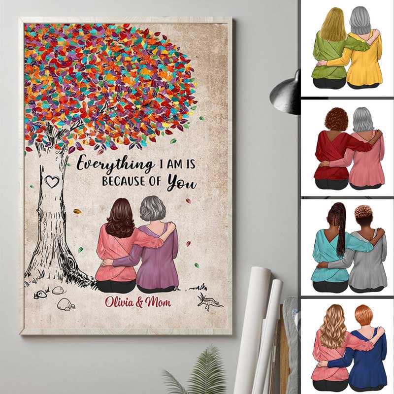 Mother And Daughter Colorful Tree Personalized Vertical Poster Canvas