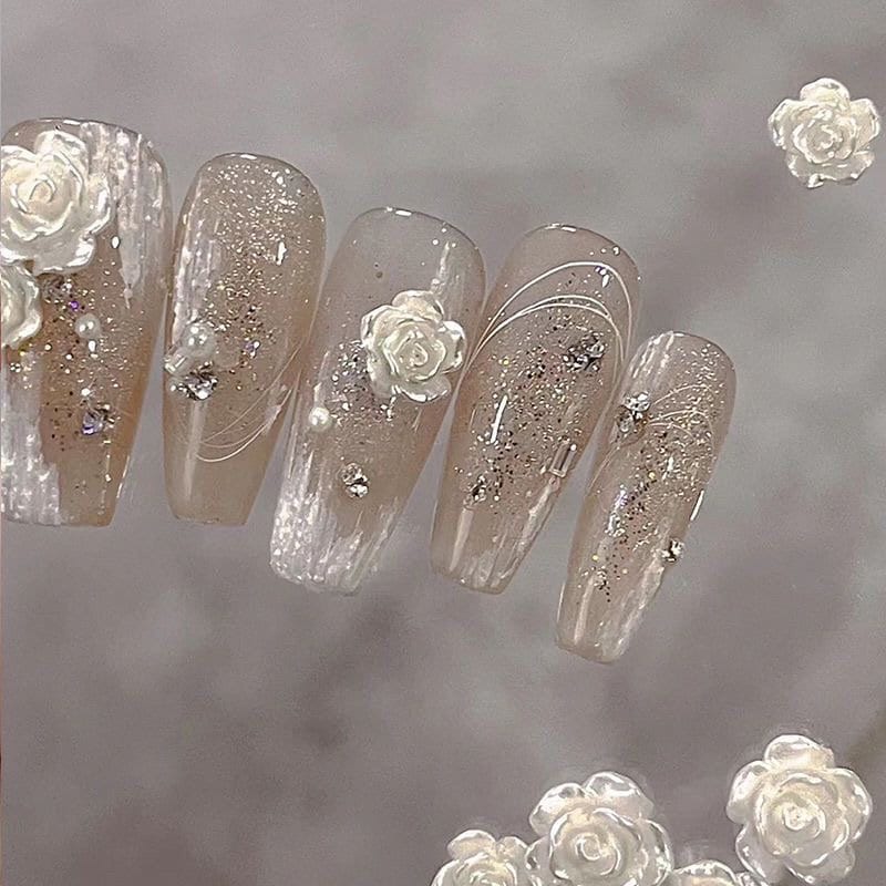 White aesthetic camellia Press On Nails/ Glitter Camellia Nails/ Princess Nails/Cute White Nails/ White Floral Nails/ Fairy Nails #125