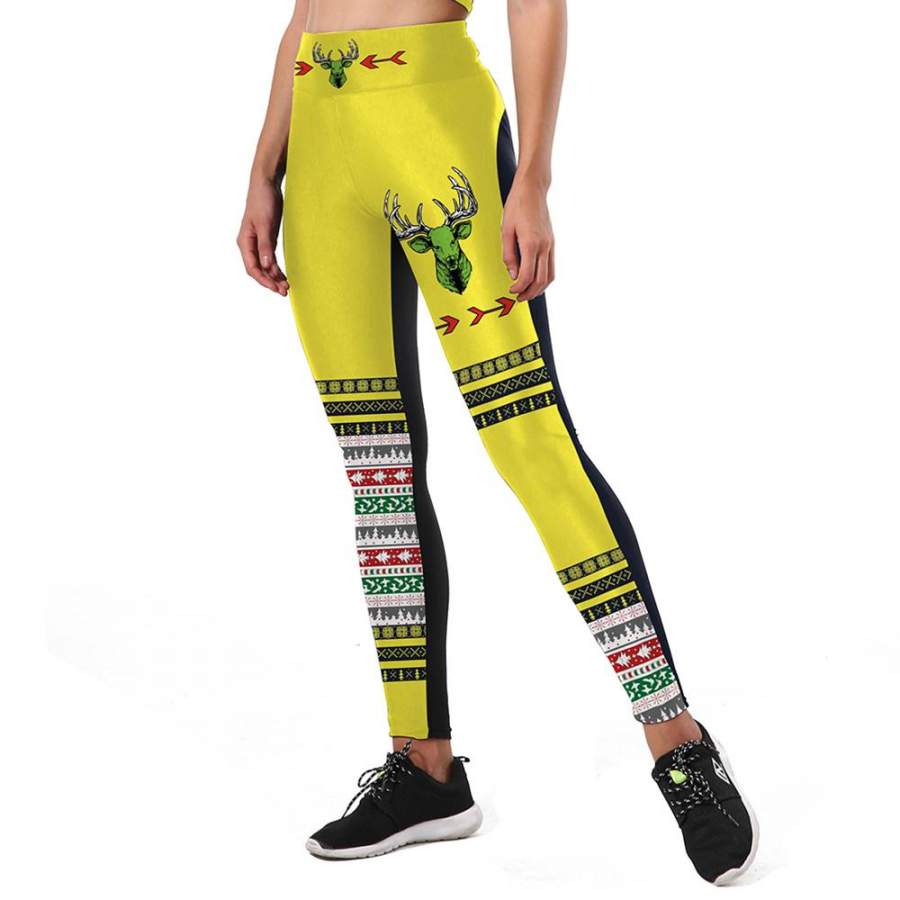 Ugly Christmas Sika Deer Women’s Yellow & Black Slim High Waisted Elastic Printed Fitness Workout Leggings