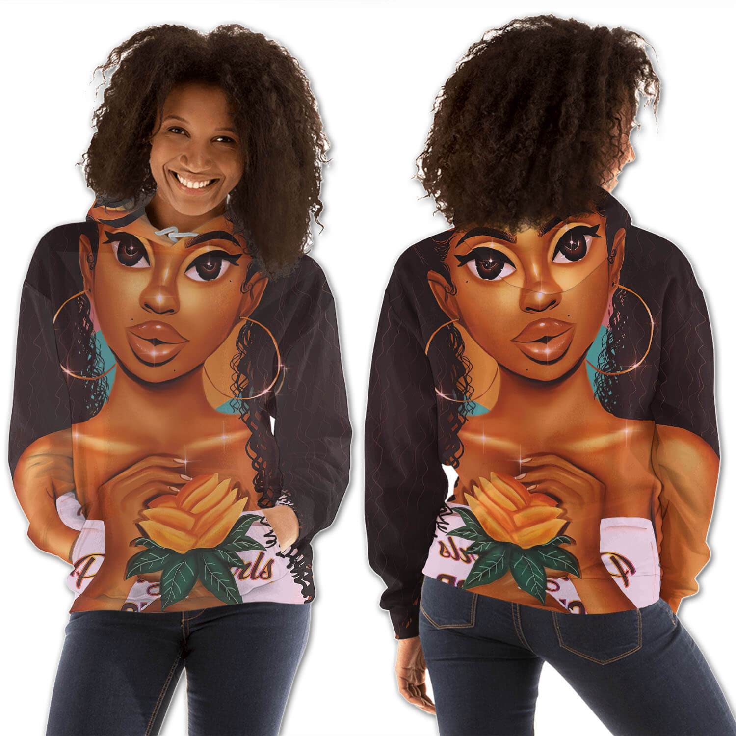 African American Hoodies Cute Black Afro Lady All Over Print Womens Hooded Sweatshirt African Fashion Styles BPS73693