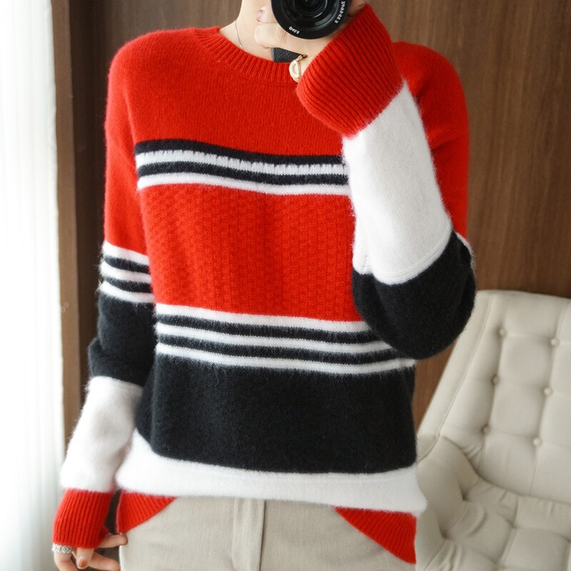 100% Merino Wool Sweater Women’s Round Neck Stripe Top 2022 Autumn and Winter Fashion Korean Knitted Cashmere Sweater alx