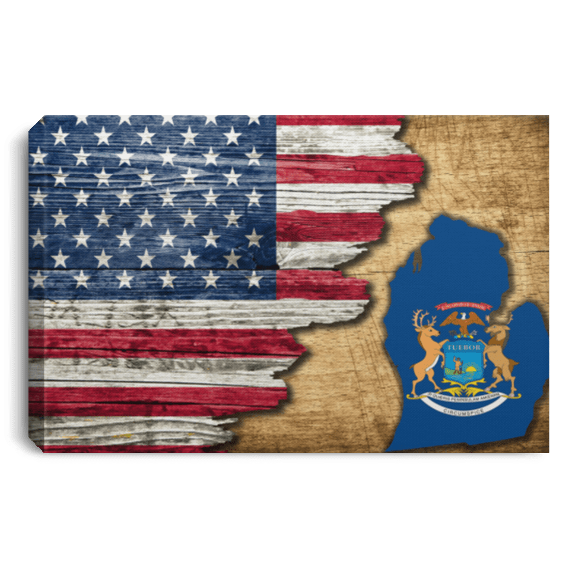 United States/Michigan Flag Ripped Effect 24X16 Inches  Landscape Canvas .75In Frame