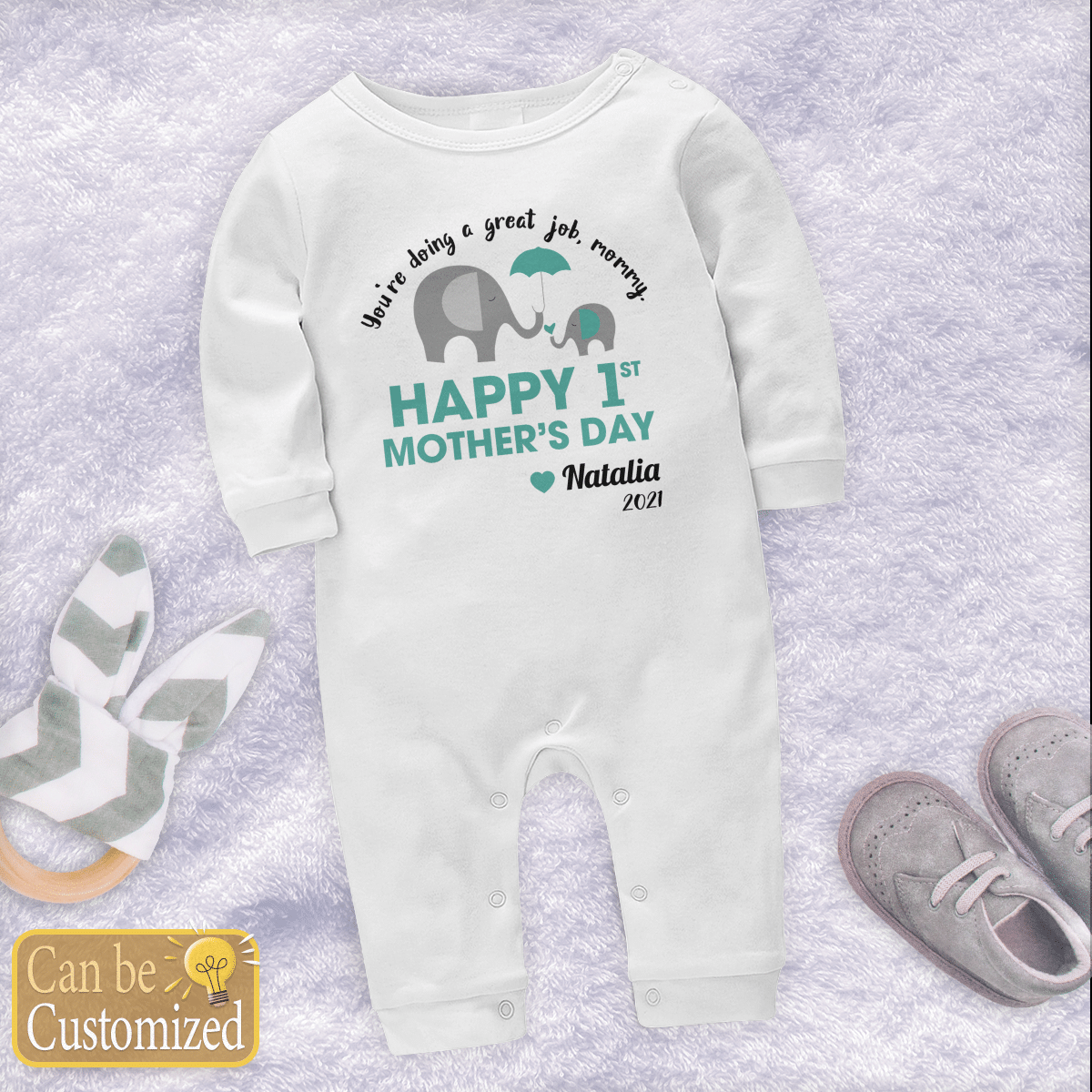 1st Mother’s Day Personalized You Are Doing A Great Job Elephant Long Sleeve Baby One Piece