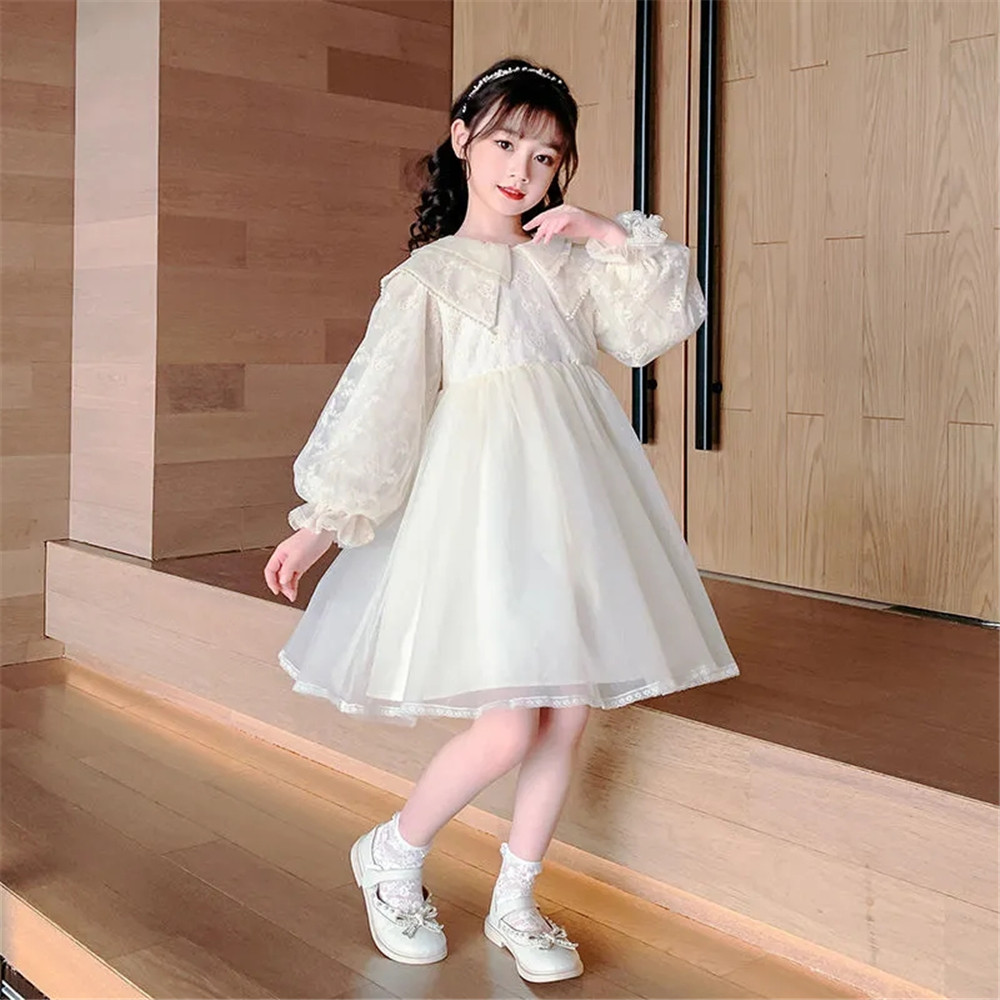 Spring & Autumn Polyester Girls Dresses 2022 The New Korean Version Puff Sleeves Sweet Solid Color Mesh Princess Dress alx