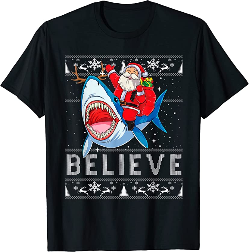 Christmas Believe Santa Claus Riding Shark Xmas UGLY Gifts T-Shirt