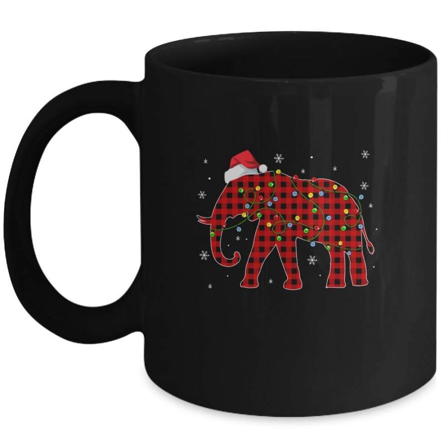 Red Plaid Elephant Christmas Lights Santa Hat Pajamas Mug