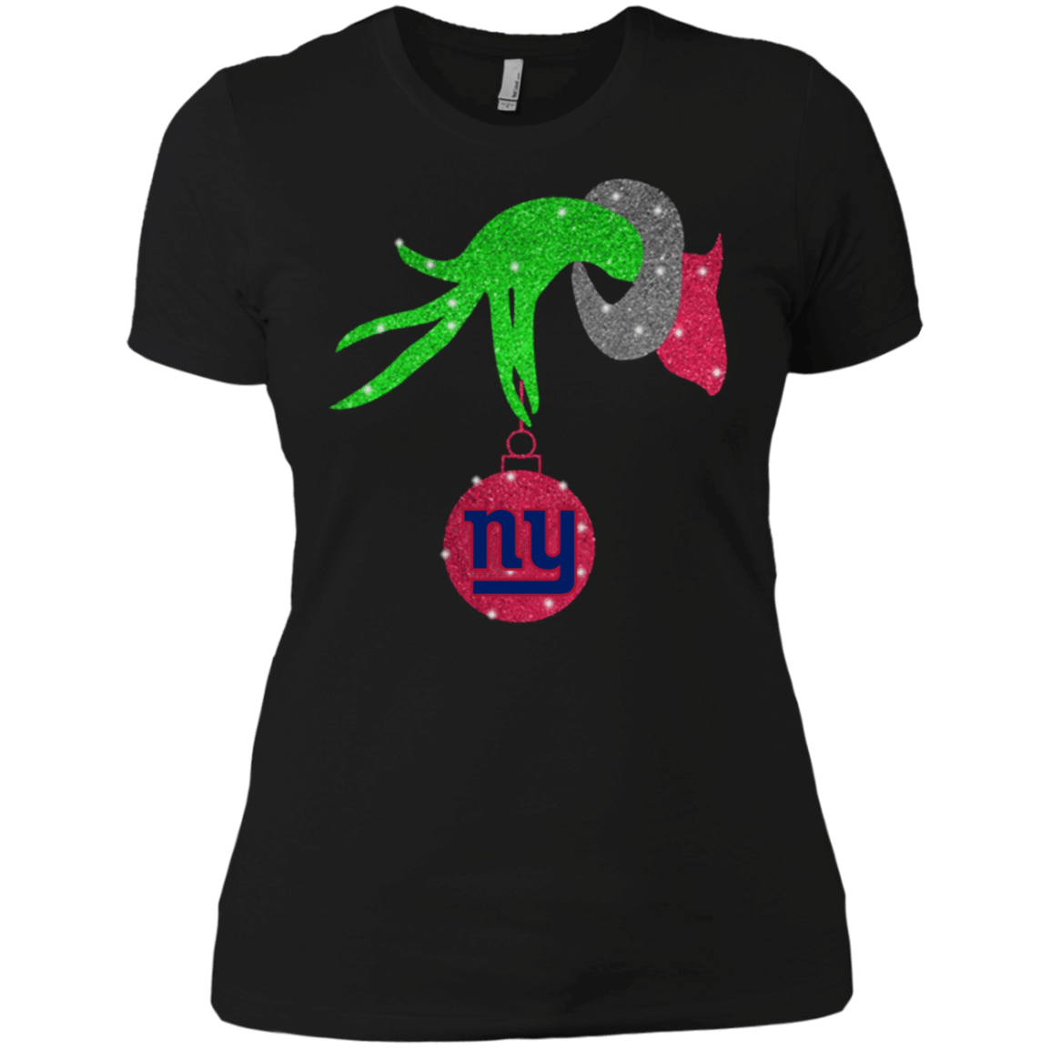 Check out this awesome Grinch hand holding New York Giants Glitter Christmas shirt Ladies’ Boyfriend Shirt