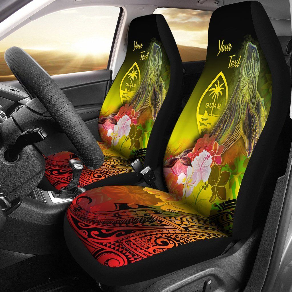 Guam Yellow Red Humpback Whale With Tropical Flowers Custom Name Car Seat Covers