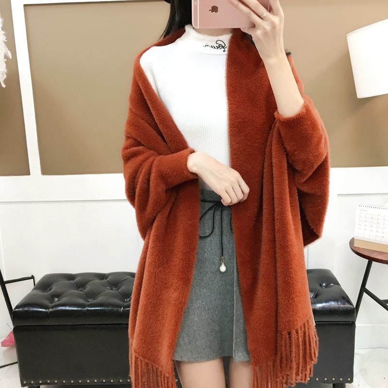 Women Cape Shawl Knitted Coat Bat Sleeve Imitation Mink Fleece Sweater Cardigan Poncho Mujer Autumn Winter Solid Loose Cloak Top alx