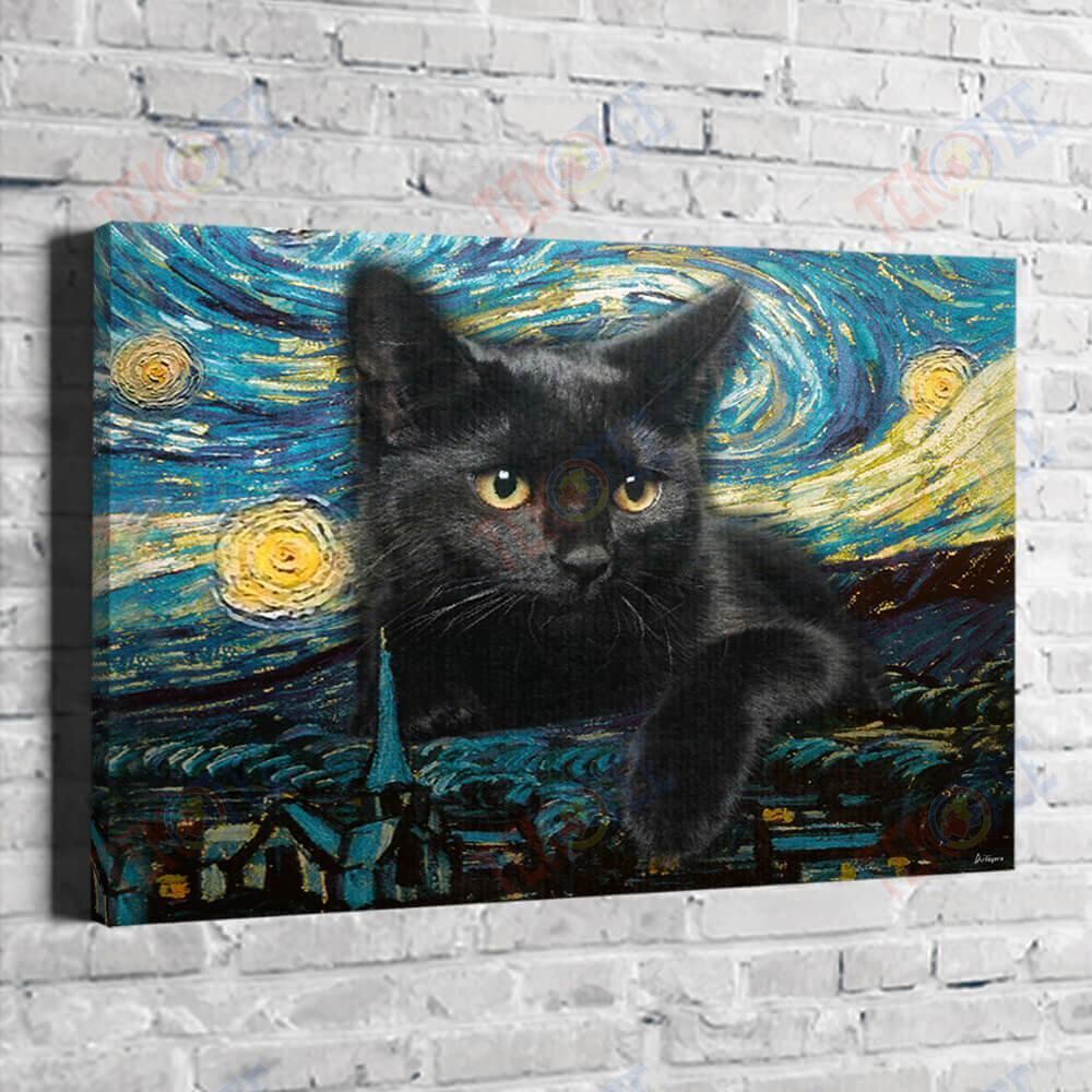 Canvas Artwork Bestieship Black Cat Starry Night Canvas Wall Art Alluring Living Room Bedroom Bathroom Home Decoration