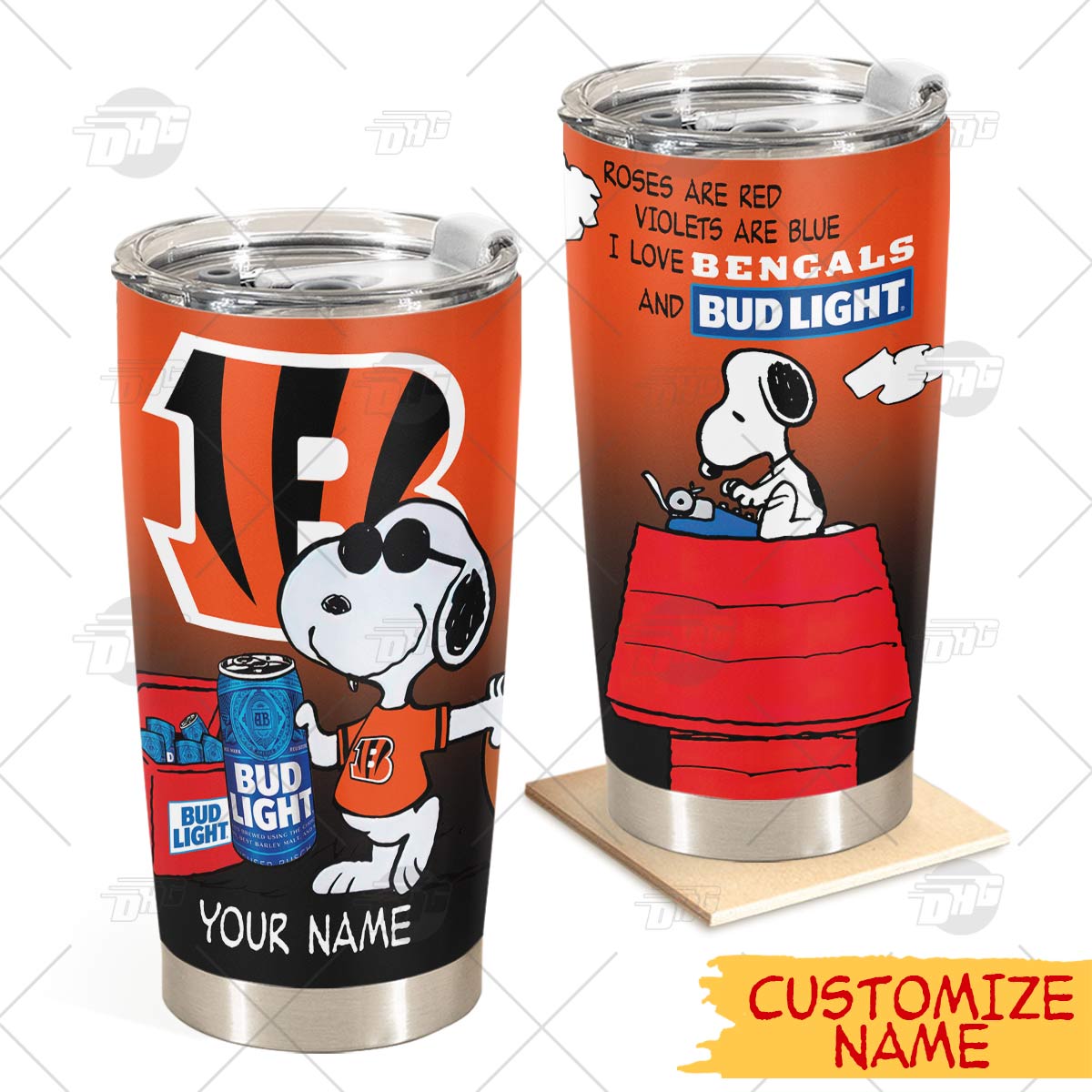 Personalized Cincinnati Bengals Tumbler Snoopy Bud Light Beer Lover Stainless Steel Tumbler 20Oz 30Oz