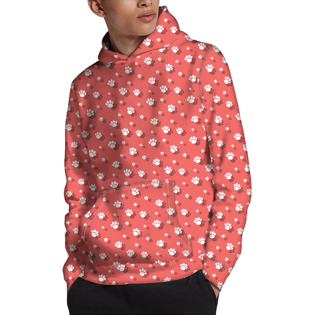 Pink And White Animal Paw Pattern Print Pullover Hoodie