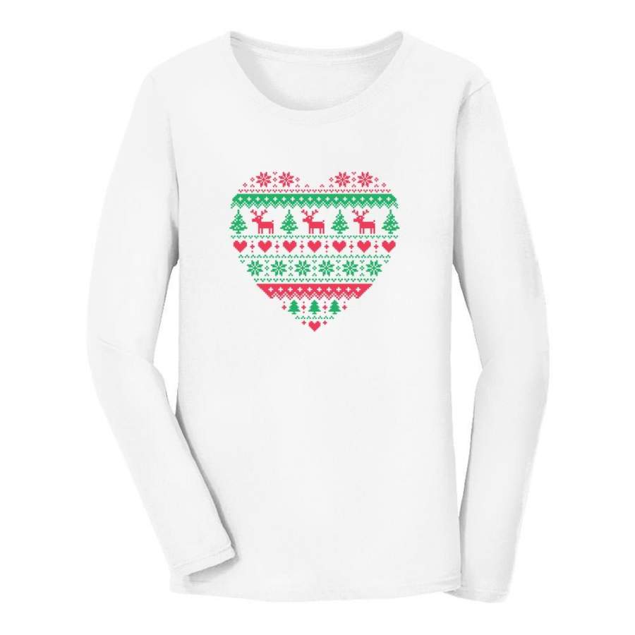 Xmas Party – Heart Shaped Ugly Christmas Sweater Women Long Sleeve T-Shirt