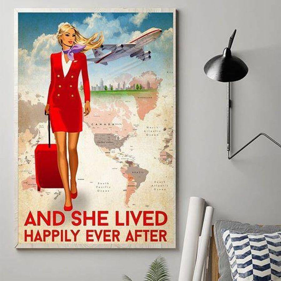 And She Lived Happily Ever After – Best Idea Gift For  Flight Attendant Lover, Gift For Home Decor, Gift For Family – Horizontal Canvas Matte Canvas Wall Art