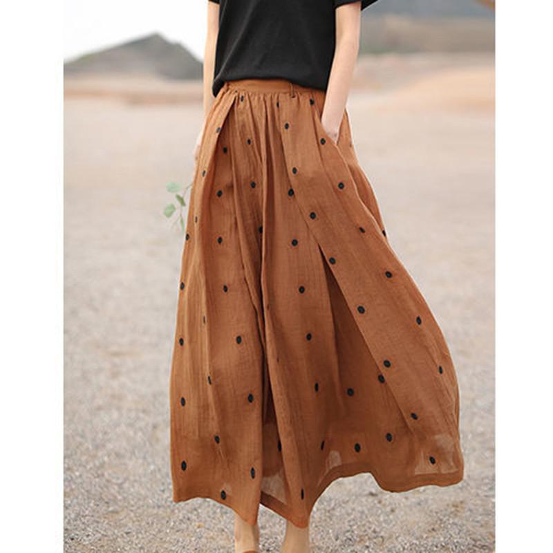 2021 New Arrival Summer Women Loose Casual Dot Print A-line High Waist Skirt Mid-calf Cotton Linen Skirts W542 alx