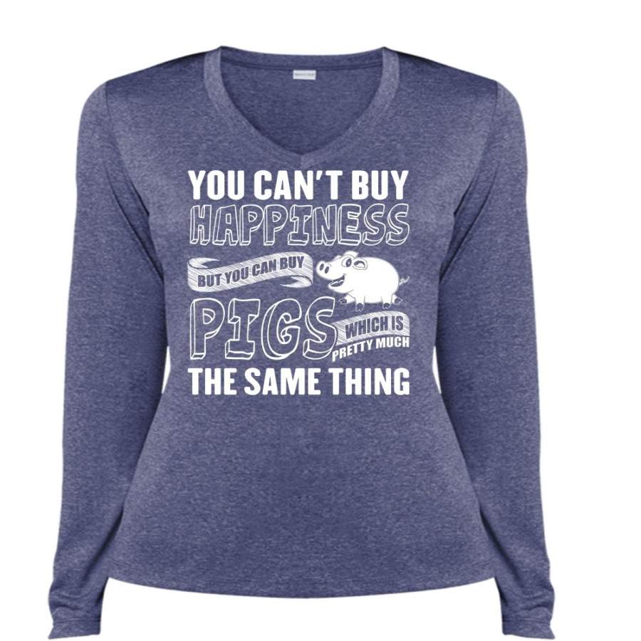 You Can Buy Pigs T Shirt, You Can’t Buy Happiness T Shirt, Cool Shirt (Ladies LS Heather V-Neck)