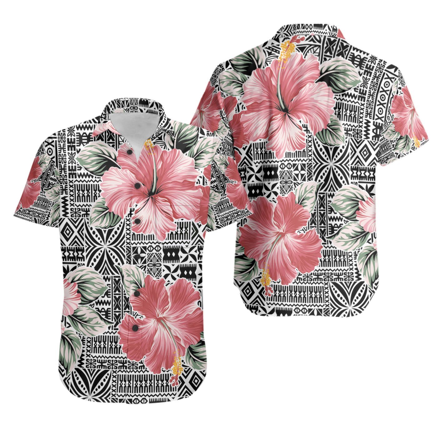 Polynesian Shirt – Pink Hibiscus Flower With Tapa Pattern – BN20