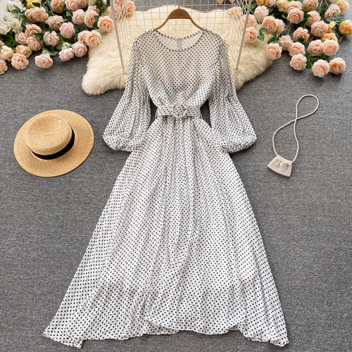 Aibeautyer New Autumn Vintage Floral Print Slim Lady Dress A Line O Neck Chiffon Pullover Puff Sleeve Women Dresses alx