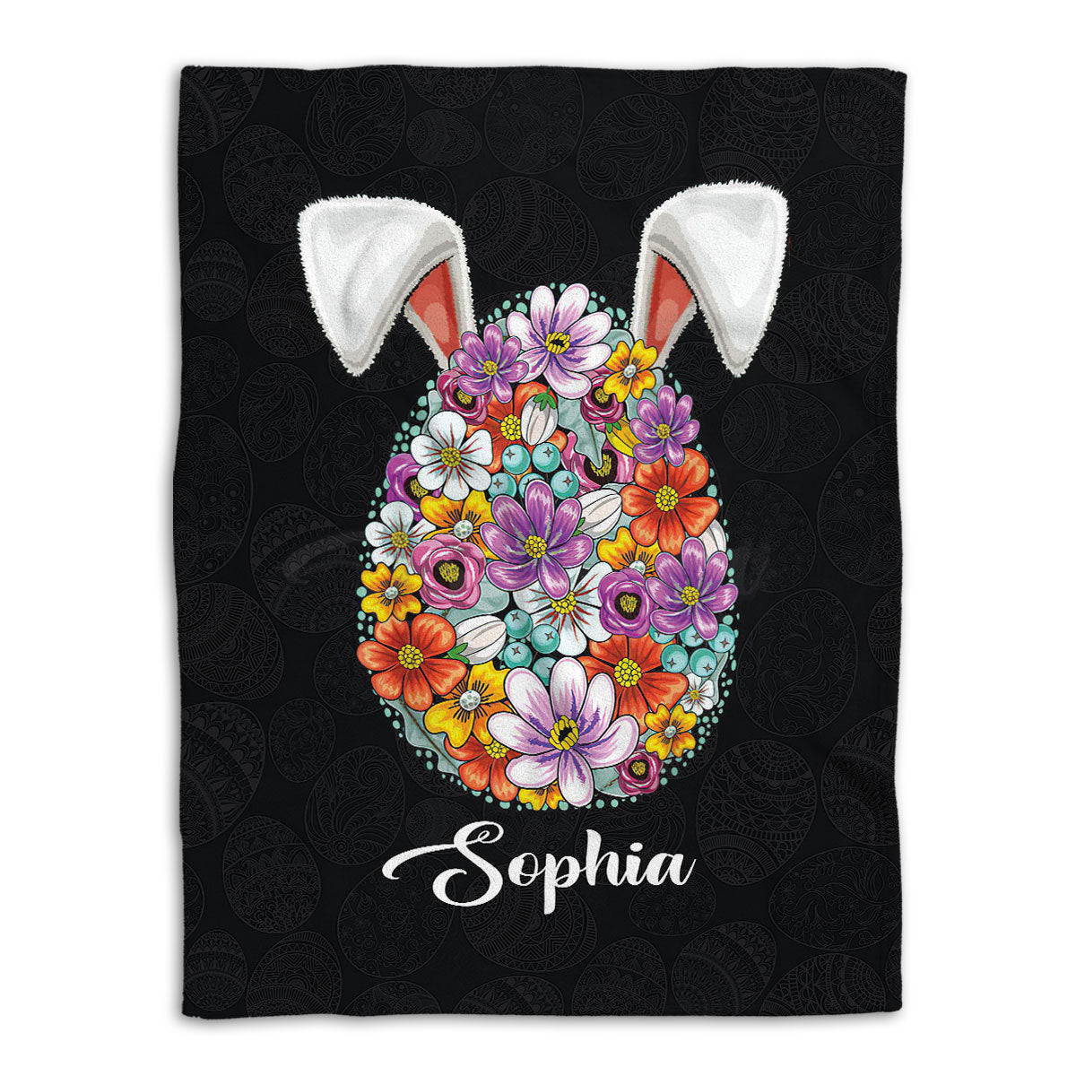 Personalized Easter Egg Blanket, Floral Sugar Egg Rabbit Spring Sherpa Fleece Blanket, Custom Name Soft Cozy Plush Throw Blanket