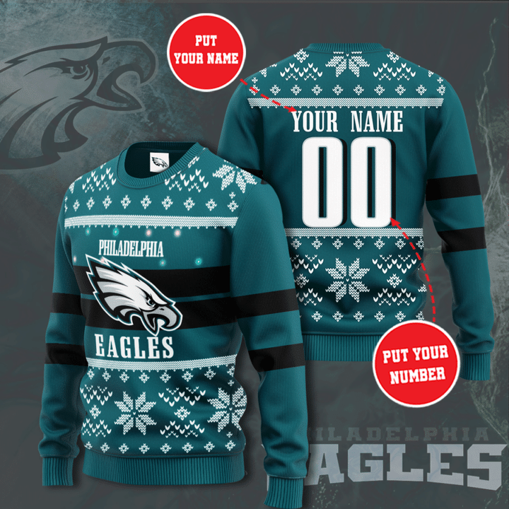 Personalized Custom Name And Number Philadelphia Eagles For Fans Ugly Christmas Sweater, All Over Print Sweatshirt T-Shirt