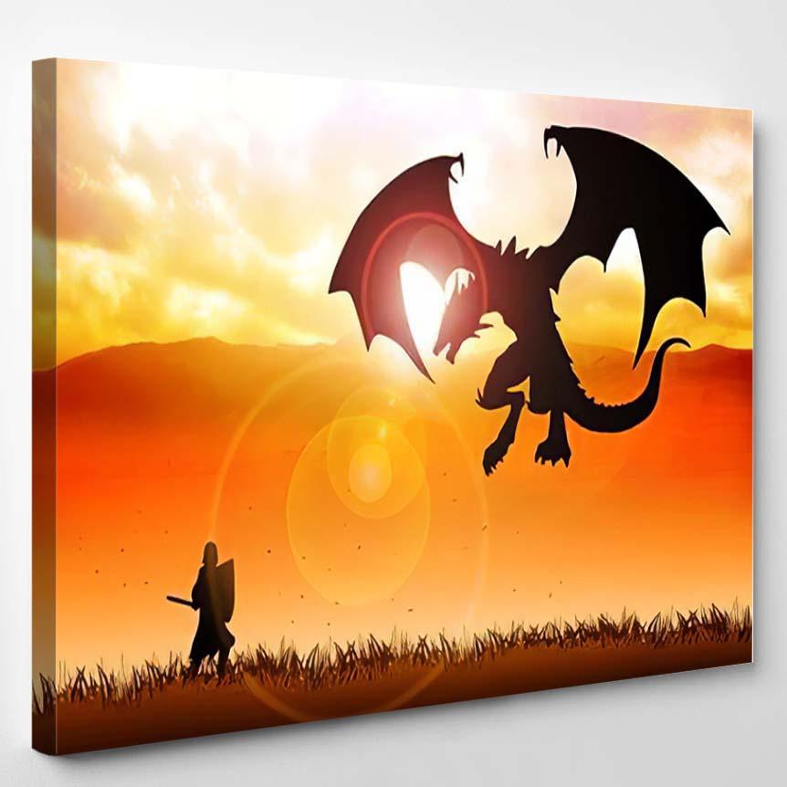 Silhouette Illustration Knight Fighting Dragon – Dragon Animals Canvas Print