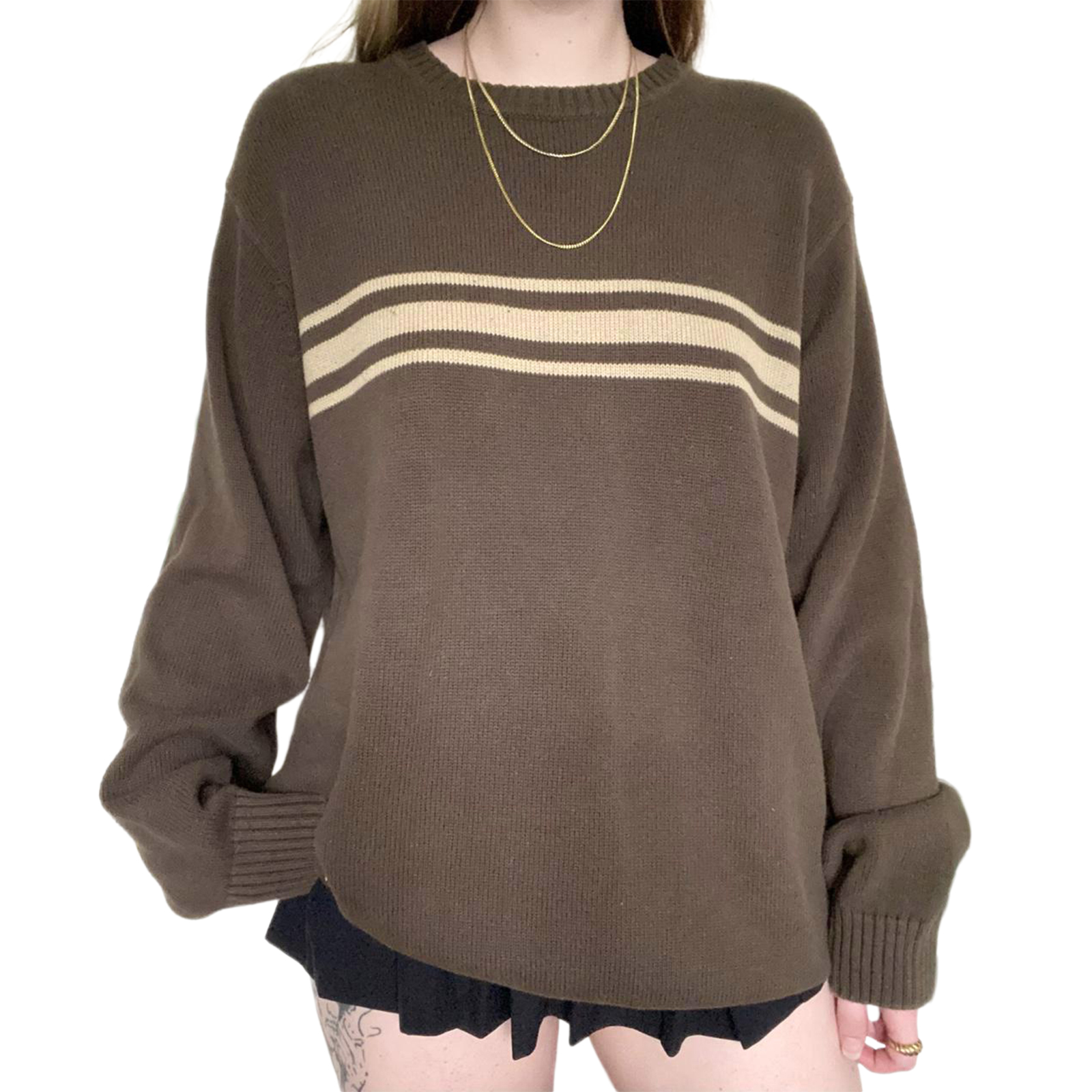 Women Brown Striped Sweater Long Sleeve Crew Neck Vintage Fall Winter Knit Pullover Tops for Casual Daily alx