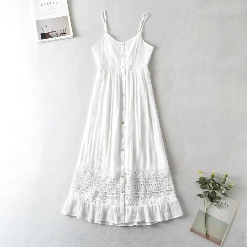 Vintage Chic White Dresses V Neck Strapless Rayon Cotton Vestidos Beach Style Floral Lace Dress Bohemian Button Down Vestidos alx