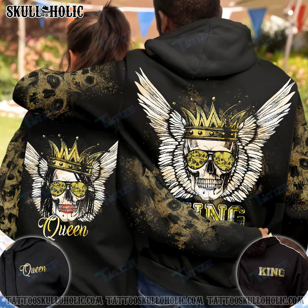 Matching Couple Shirt Skull Couple King Queen Wings 3D All Over Printed Shirt, Sweatshirt, Hoodie, Bomber Jacket Size S – 5Xl