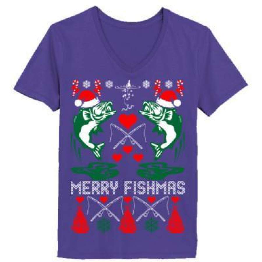 AGR Merry Fishmas Fishing Christmas Ugly Sweater – Ladies’ V-Neck T-Shirt