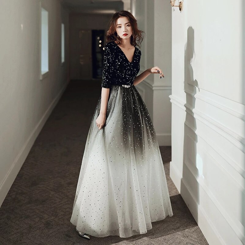 2022 Fashion Evening Dresses Long Simple A-Line V Neck Half Sleeve Tulle Elegant Formal Party Dresses with Sashes Real Photo alx