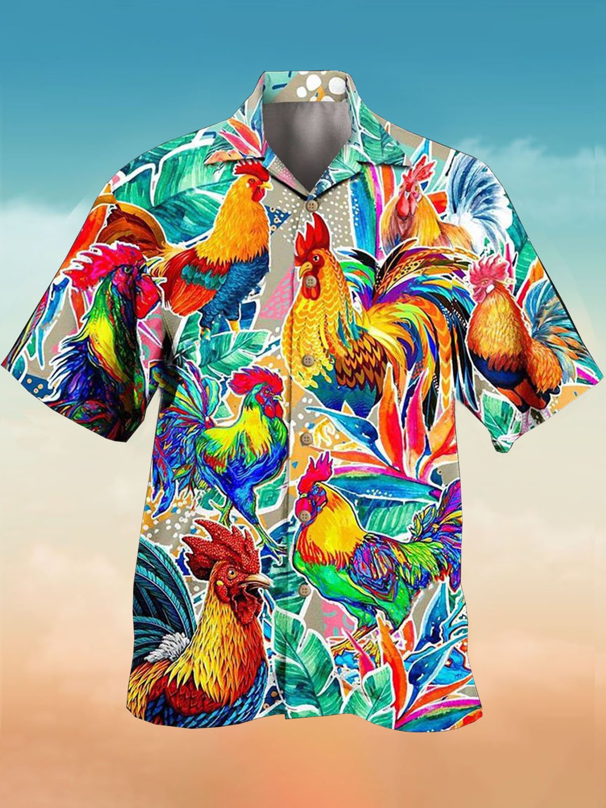 Mens Rooster Print Retro Breathable Hawaii Shirt Ha59264