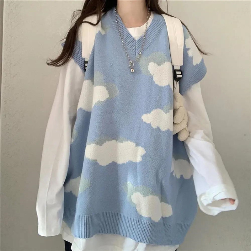 Blue Sweaters Women Harajuku Lovely Cloud Chic Preppy Simple Vest Oversize Soft Loose Autumn Spring Teens Knitwear Pullover Tops alx