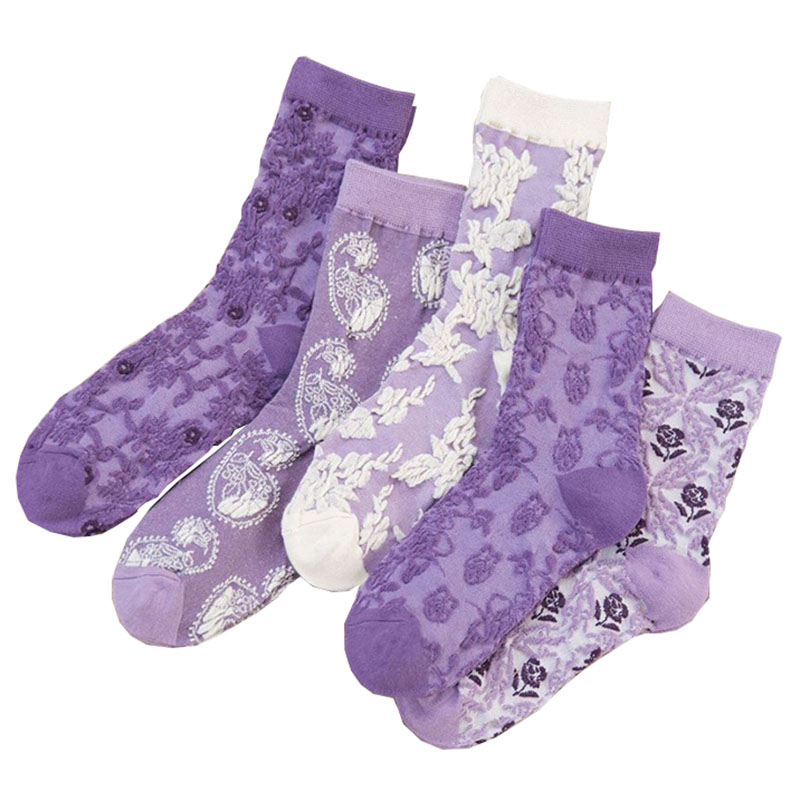 5 Pairs Women Socks Set Retro Court Style Autumn Winter Purple Floret Soft Skin-friendly Japanese Breathable Pure Cotton Relief alx