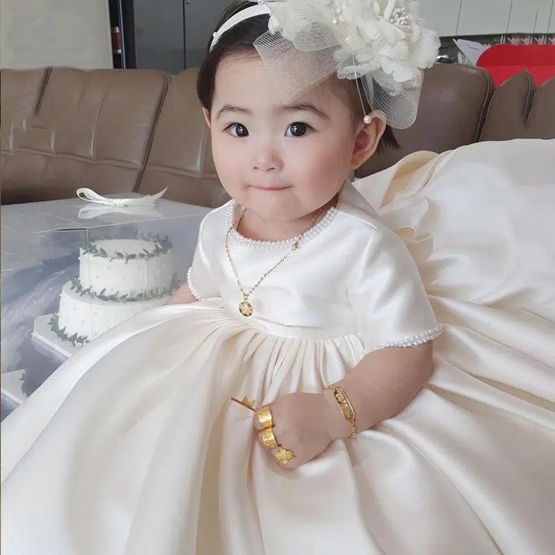 Toddler Baby Girl 1st Birthday Princess Dress Beads Satin Kids Clothes Flower Girl Wedding Dress Christening Party Prom Vestidos alx