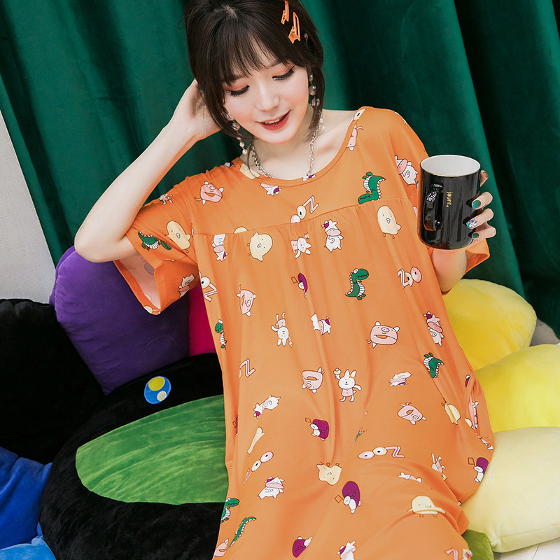 2XL-4XL100 Kg Wear Nightgowns Women Short Sleeve Cartoon Print Sleepwear Ice Silk Summer Night Dress Loose Lady Nightshirt alx