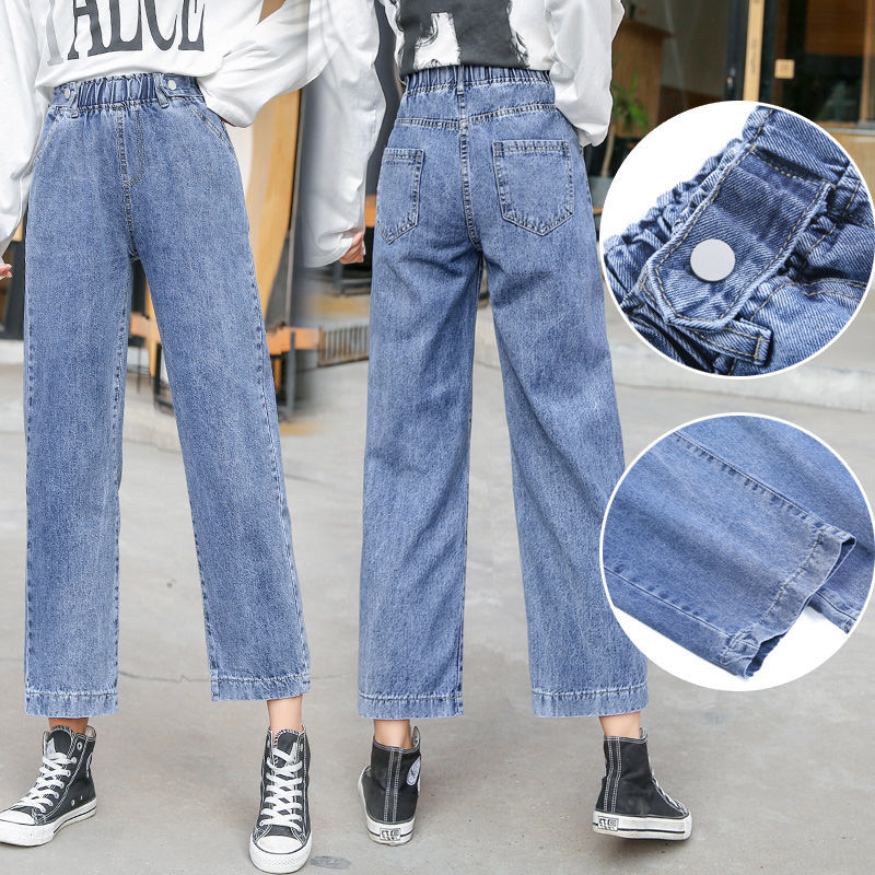 Woman Jeans Pants Elastic Waist Loose High Junior High School Students Less than Casual Straight Pants Pantalones Vaqueros Mujer alx