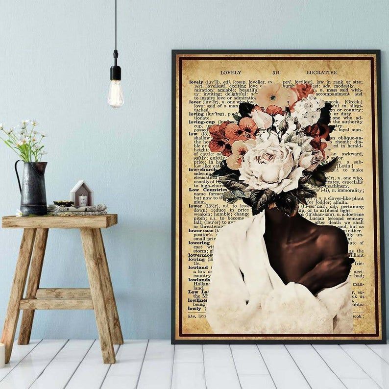 Black queen angel art black women with flowers poster canvas