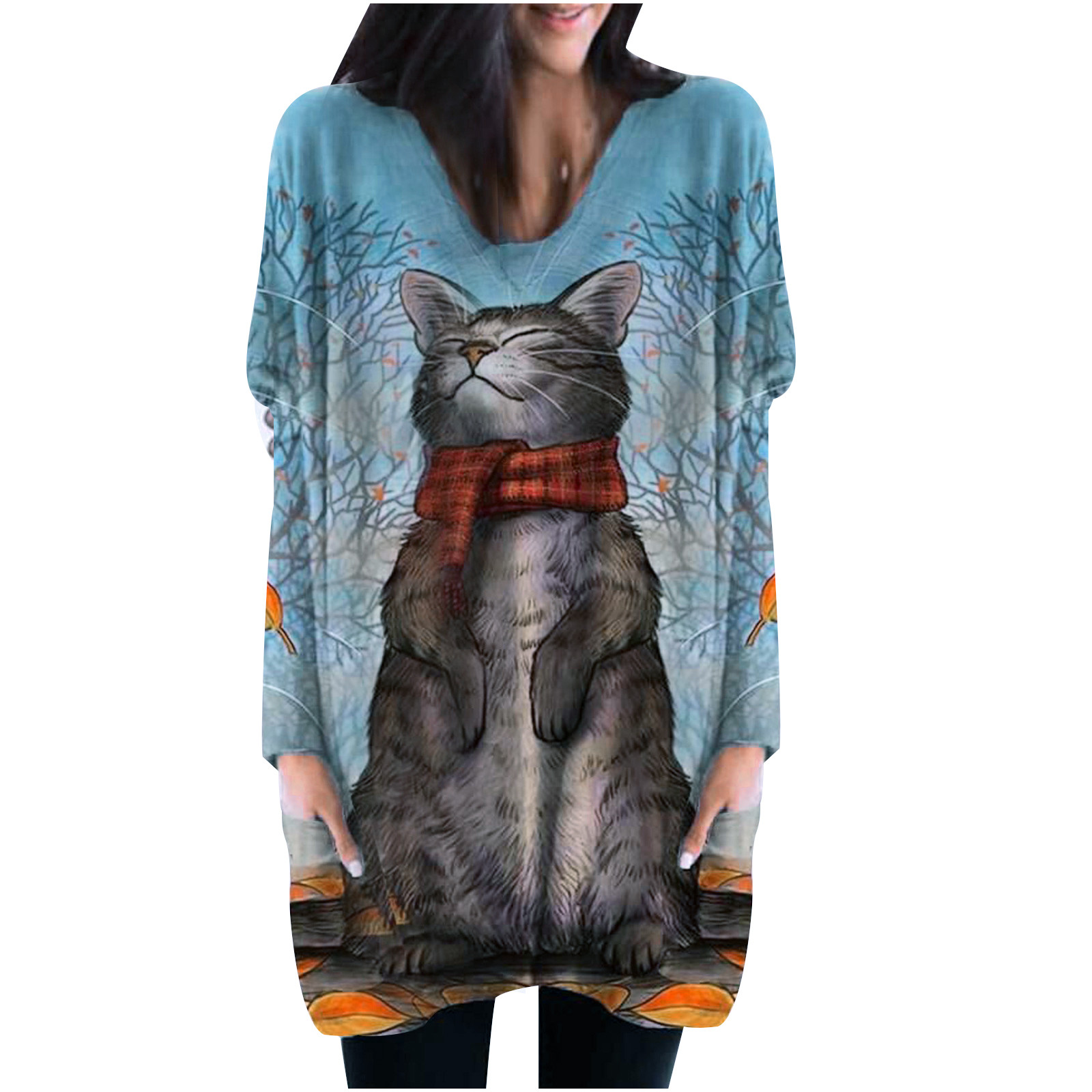 4# Sweaters For Women 2020 V-neck Long Sleeve Cute Painted Cat Print Pocket Loose Top Женские Свитера Sweater Pull Femme alx