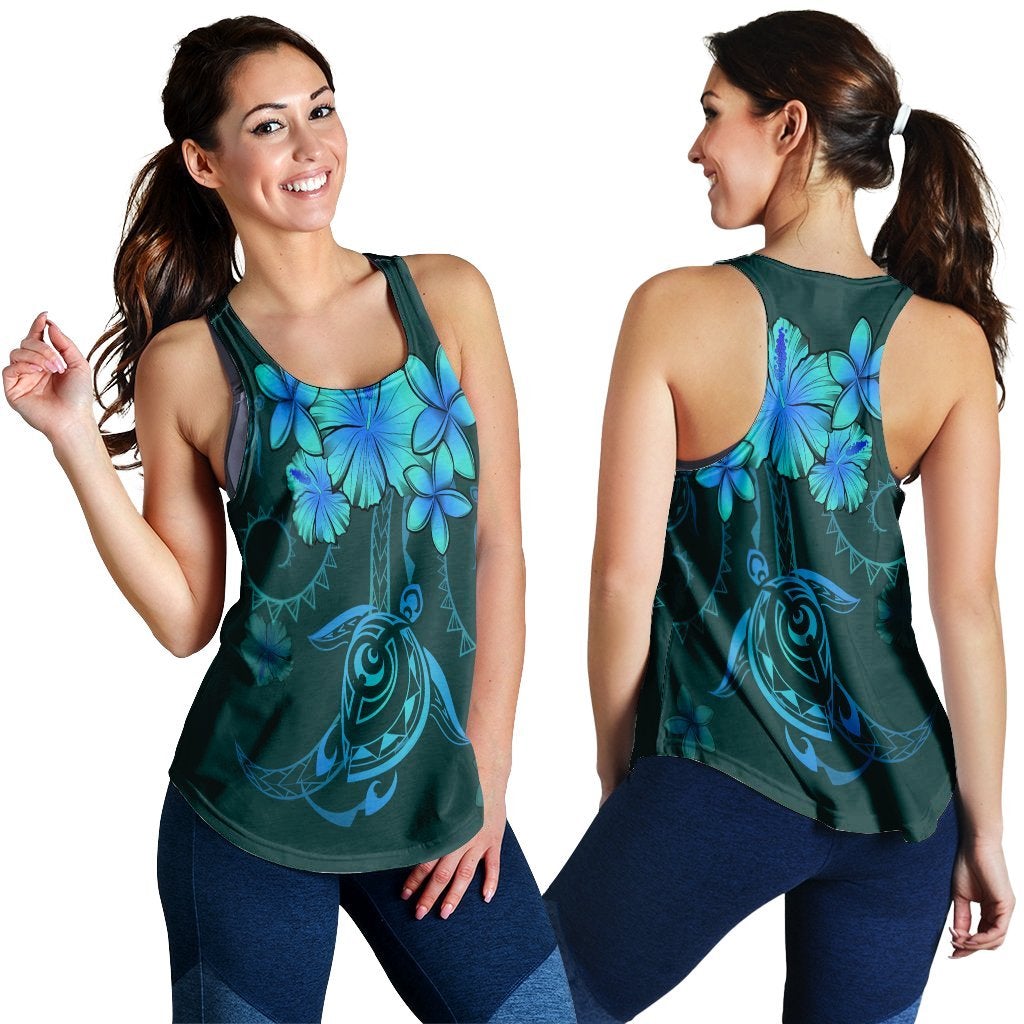 Hawaii Turtles Hibiscus Plumeria Polynesian Racerback Tank Turquoise Ha74455