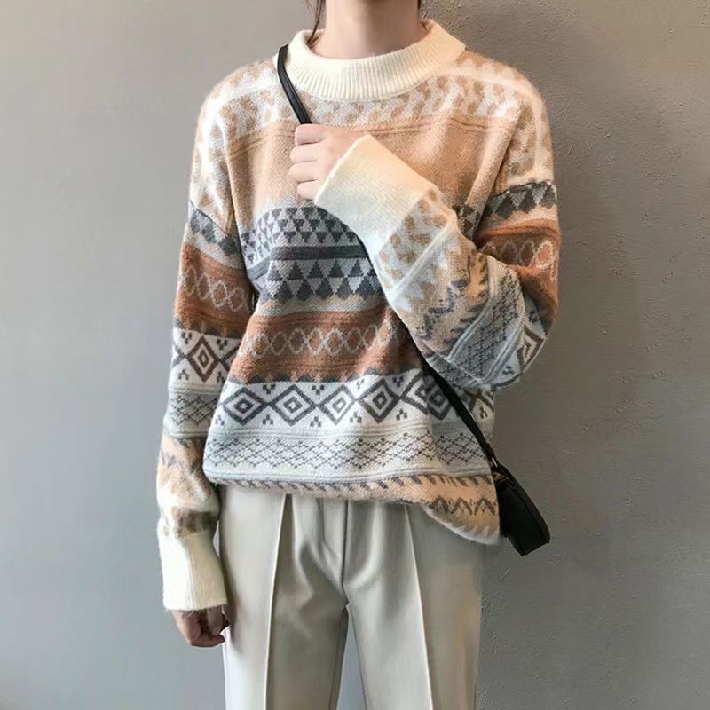 Vintage Striped Sweaters Winter Women Pullover Korean Style Loose Pullover Casual Loose Sweater Femme Geometry Knitwear Clothes alx