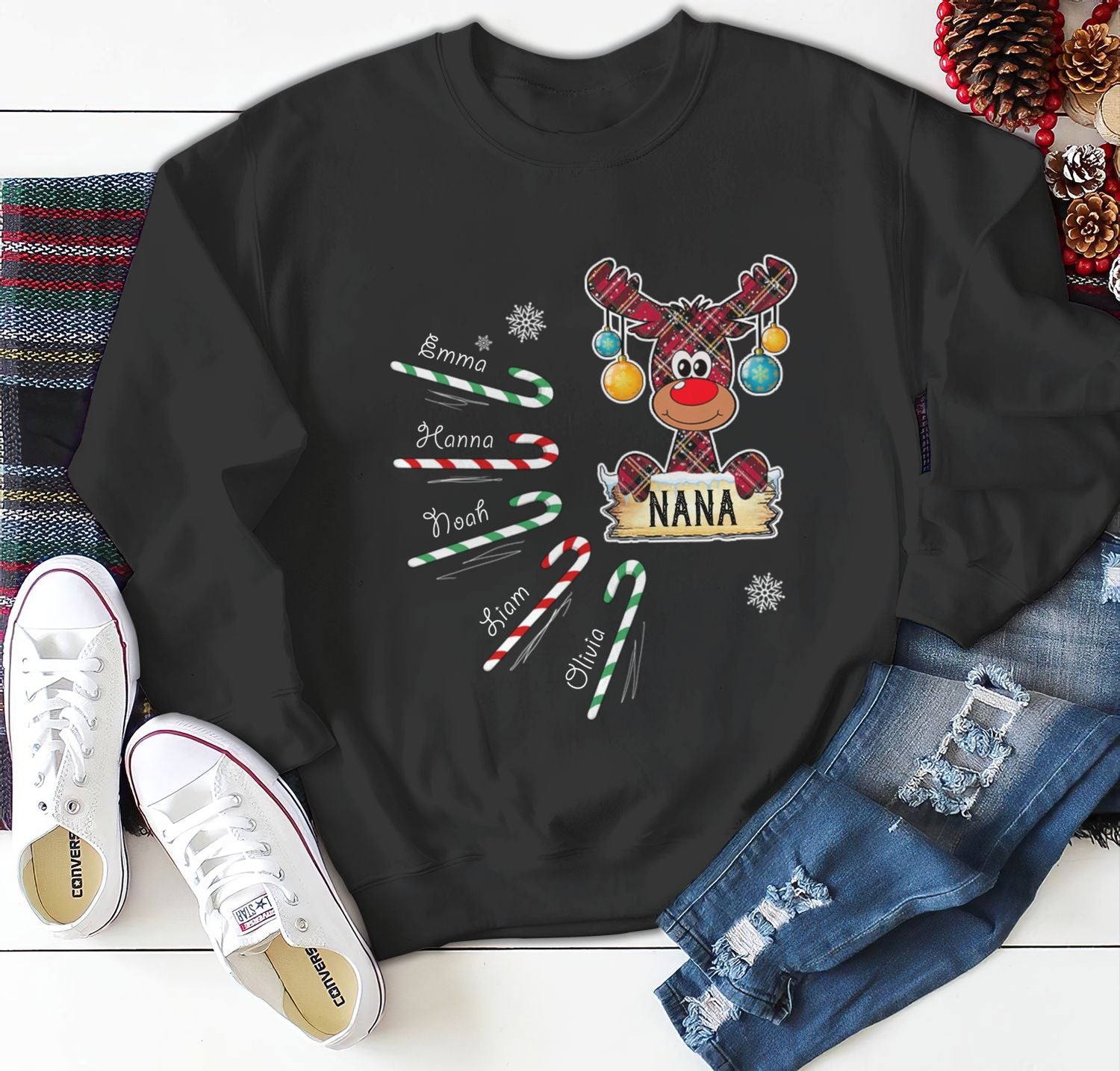 Personalized Hoodie Sweatshirt For Grandma Nana Reindeer & Candy Cane Printed Custom Grandkids Name